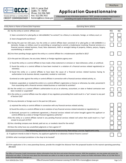 Form ADM10B Application Questionnaire - Texas