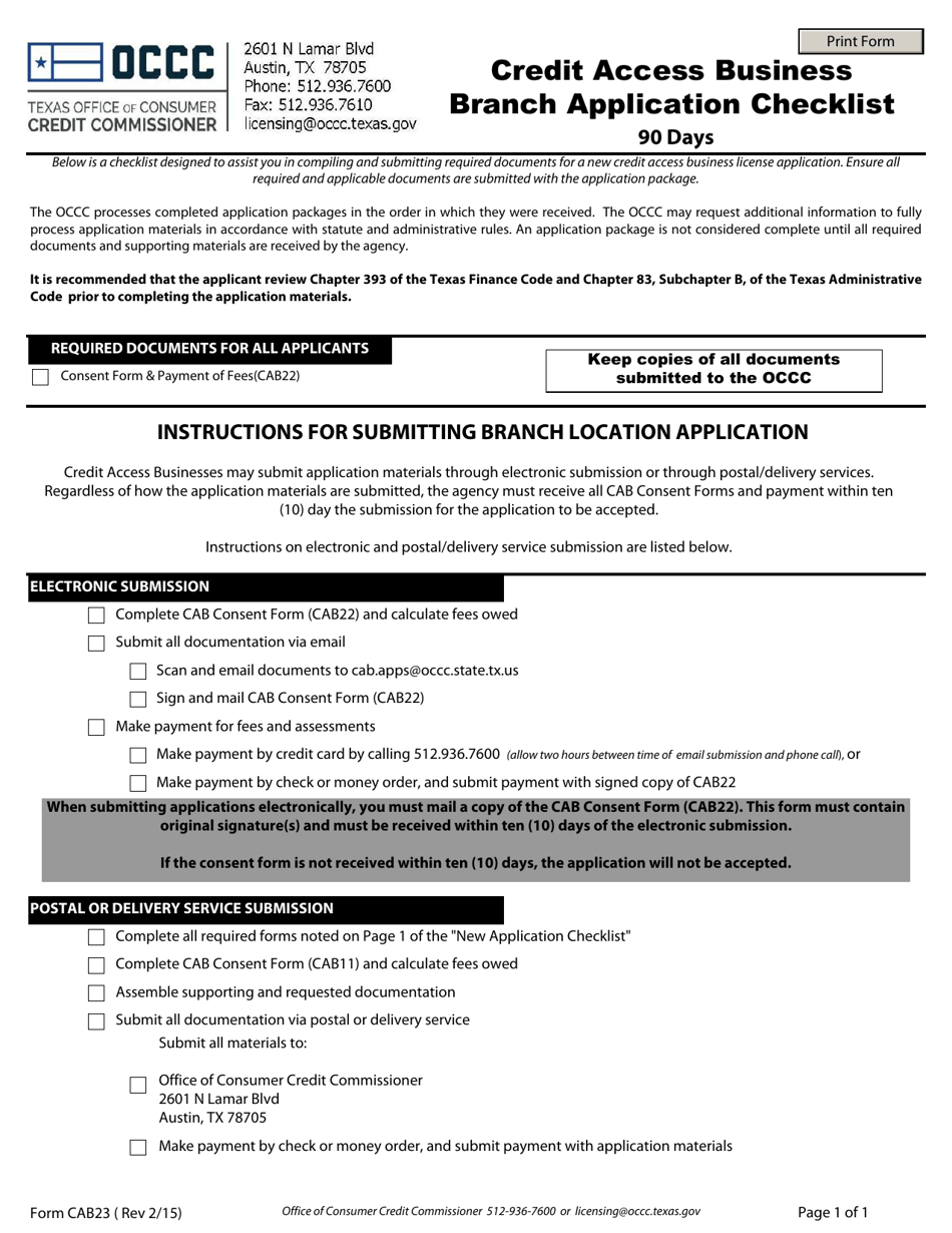 Form CAB23 Credit Access Business Branch Application Checklist (90 Days) - Texas, Page 1