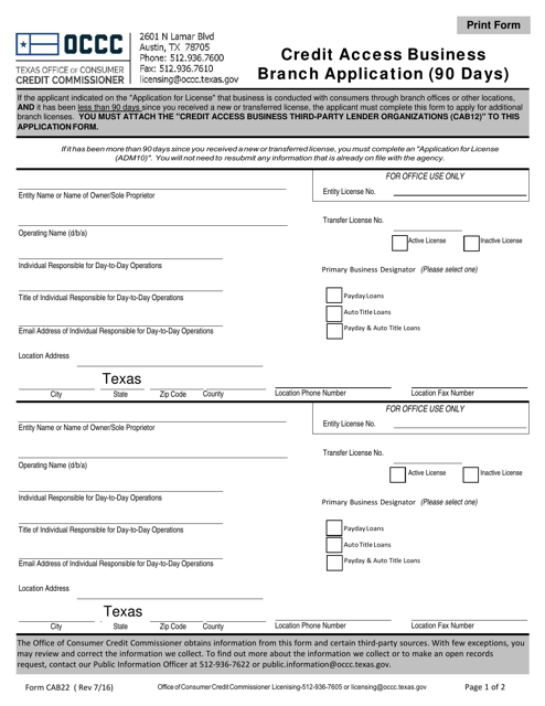 Form CAB22 Credit Access Business Branch Application (90 Days) - Texas