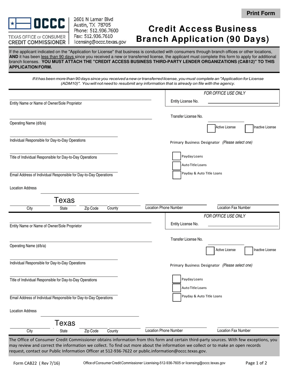 Form CAB22 Credit Access Business Branch Application (90 Days) - Texas, Page 1