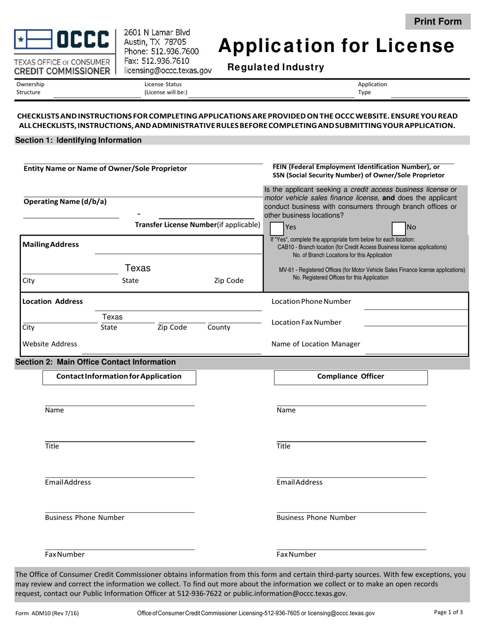 Form ADM10 Application for License - Texas, Page 1