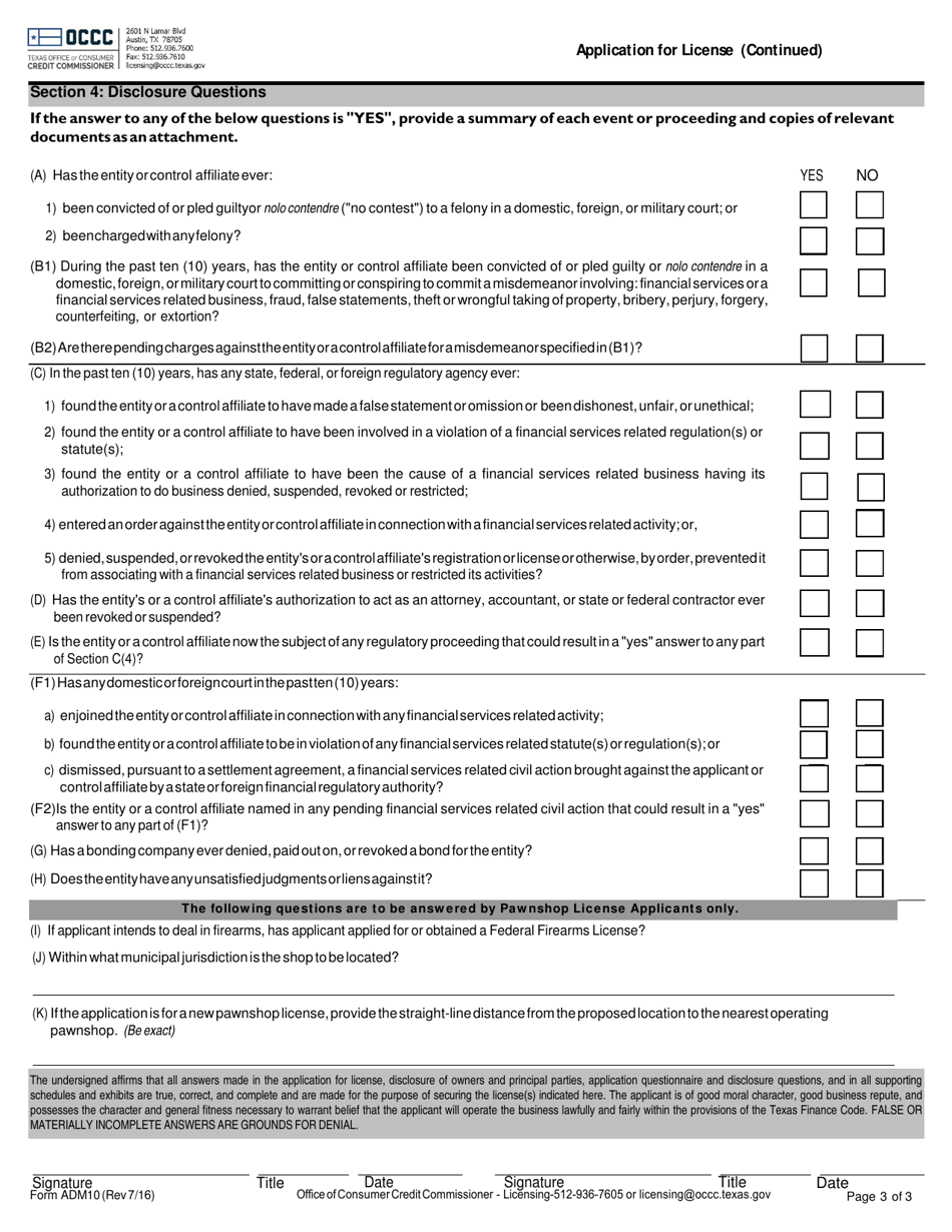 Form ADM10 Application for License - Texas, Page 3