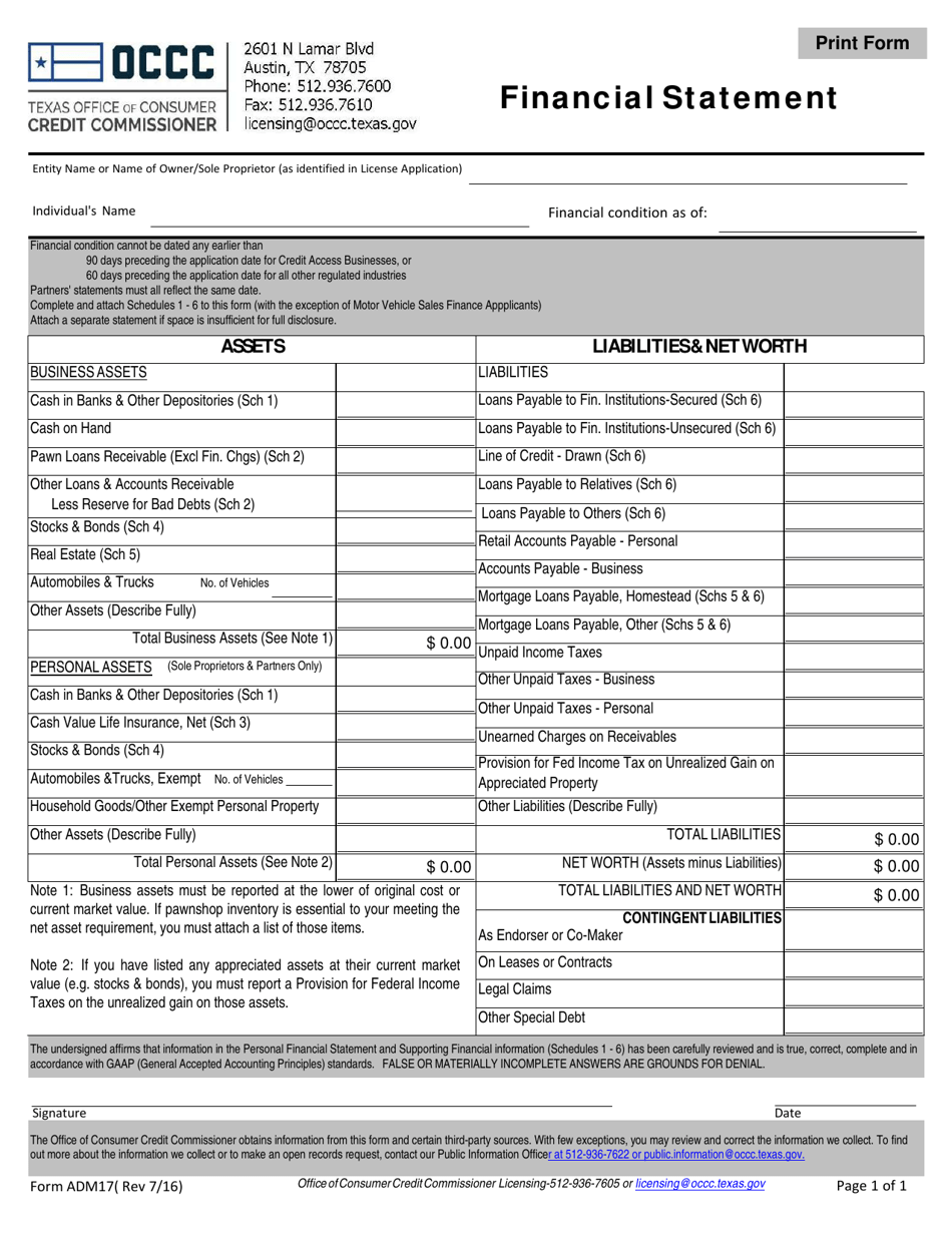 Form ADM17 Financial Statement - Texas, Page 1