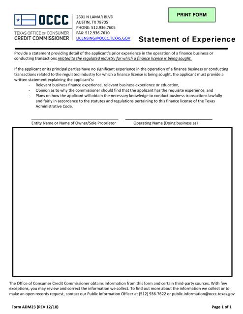 Form ADM23 Statement of Experience - Texas