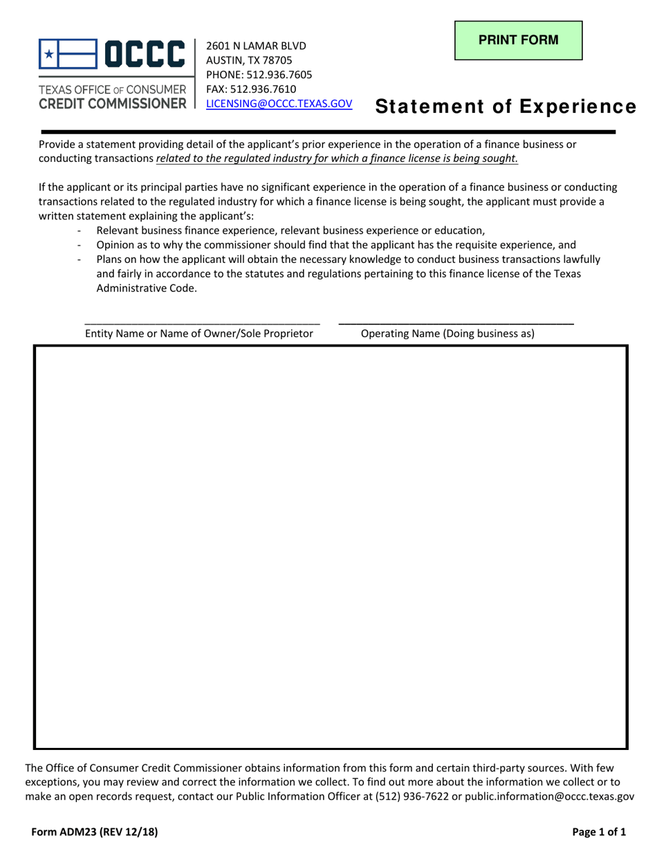 Form ADM23 Statement of Experience - Texas, Page 1
