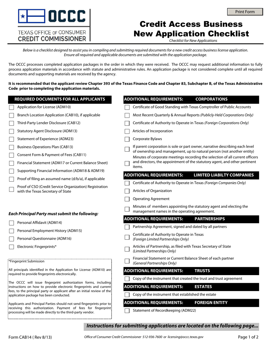 Form CAB14 Credit Access Business New Application Checklist - Texas, Page 1