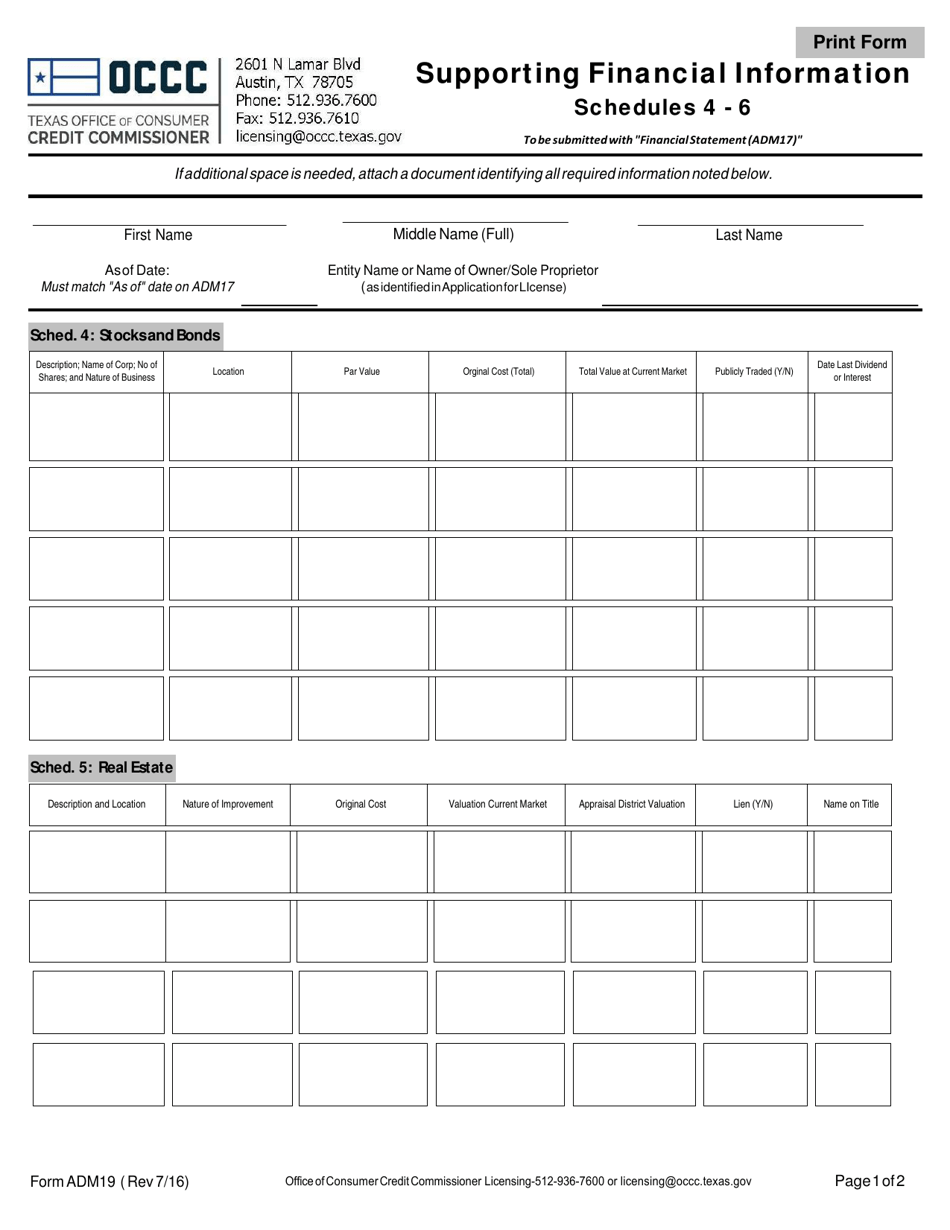Form ADM19 Supporting Financial Information - Schedules 4-6 - Texas, Page 1