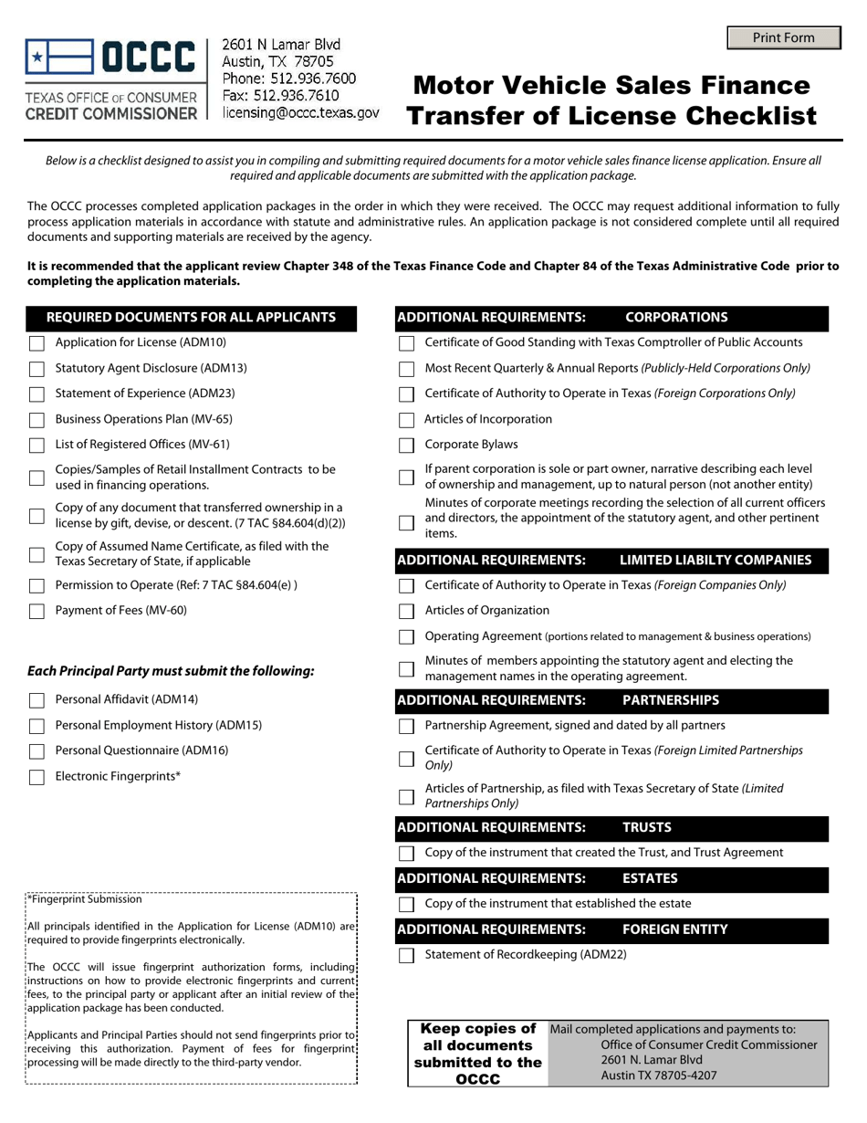 Texas Motor Vehicle Sales Finance Transfer of License Checklist Fill