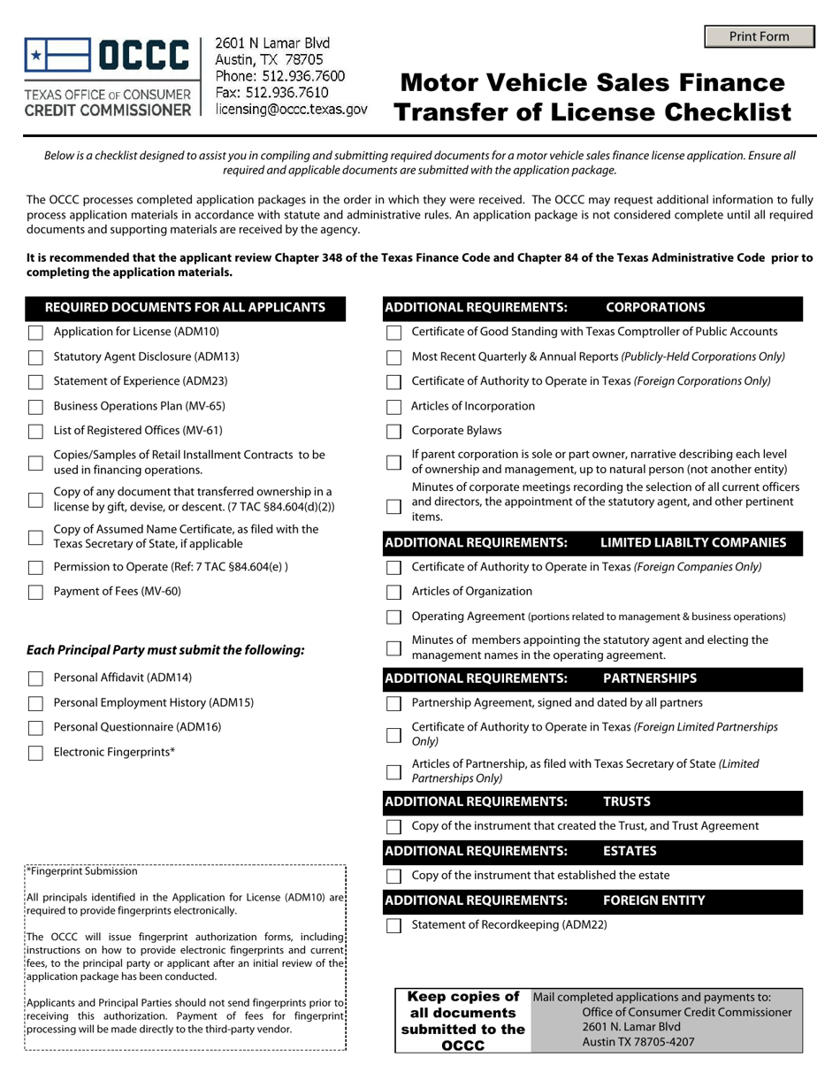 Motor Vehicle Sales Finance Transfer of License Checklist - Texas, Page 1
