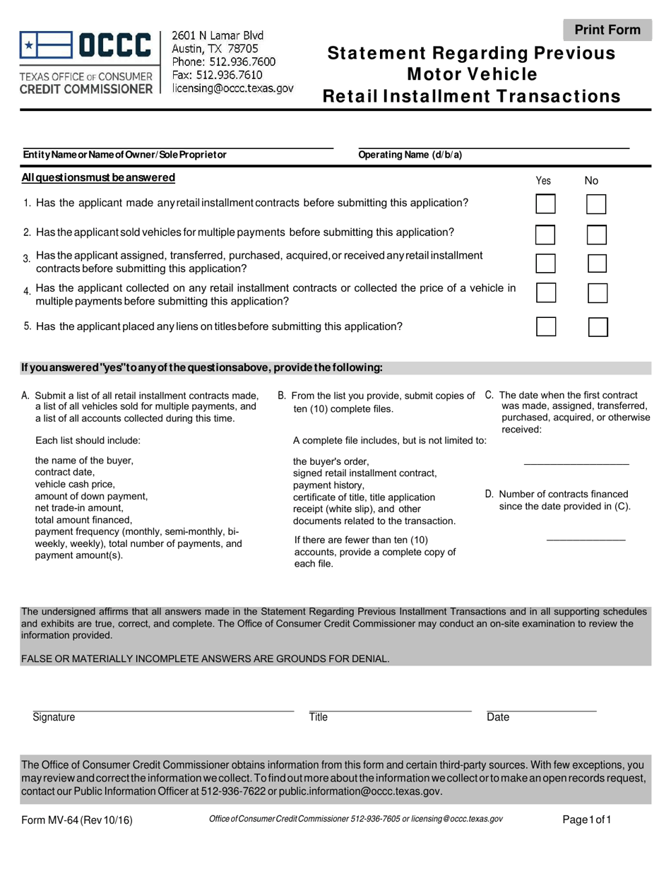 Form MV-64 Statement Regarding Previous Motor Vehicle Retail Installment Transactions - Texas, Page 1
