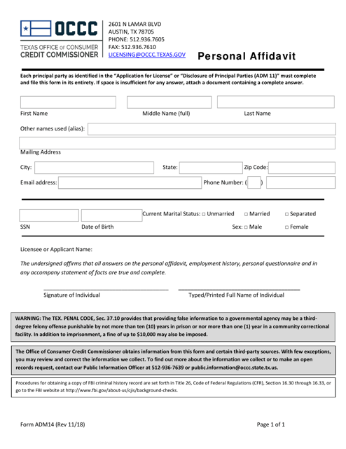 Form ADM14 Personal Affidavit - Texas