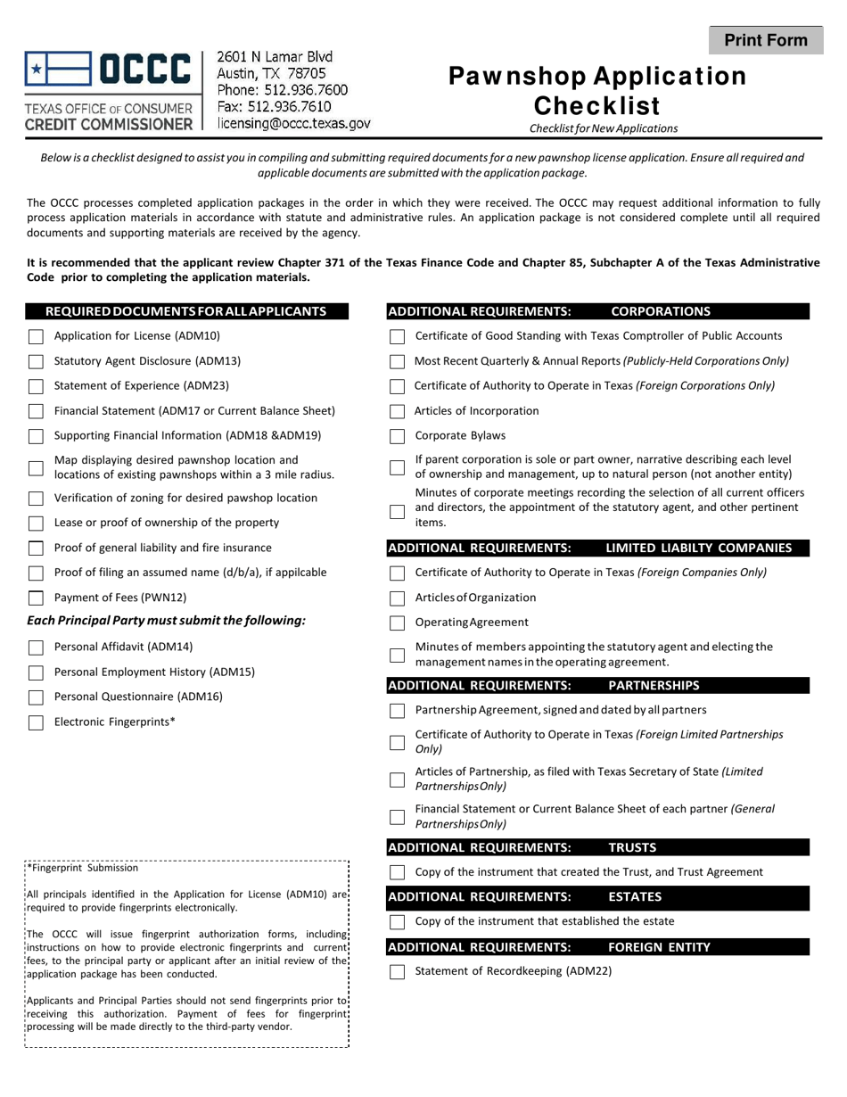Pawnshop Application Checklist - Texas, Page 1