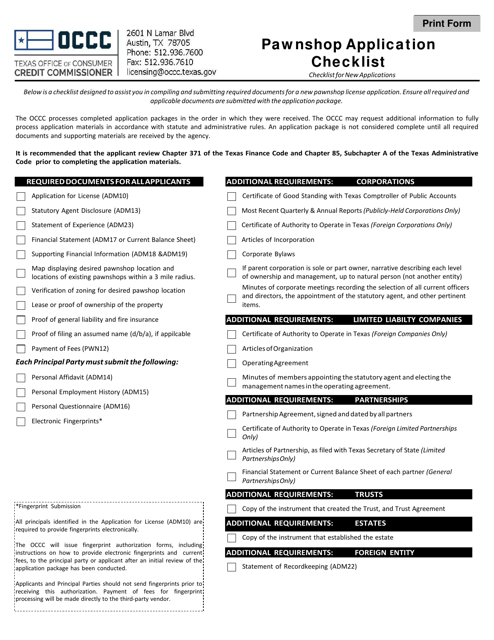 Pawnshop Application Checklist - Texas