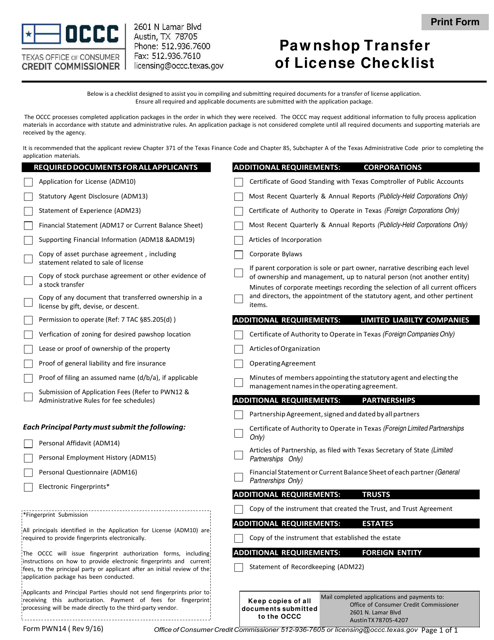Form PWN14 Pawnshop Transfer of License Checklist - Texas