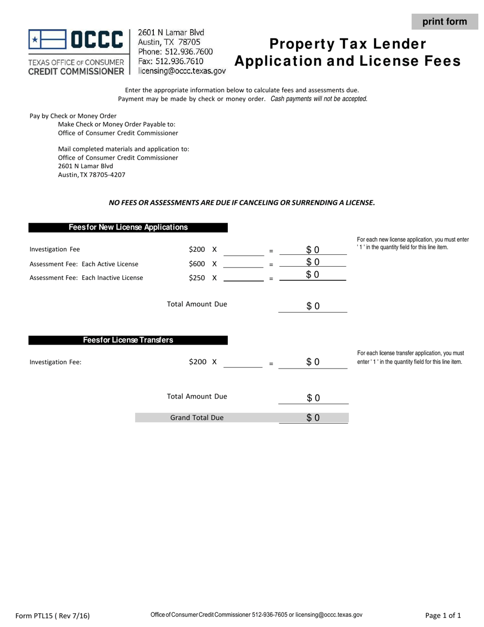 Form PTL15 Property Tax Lender Application and License Fees - Texas, Page 1