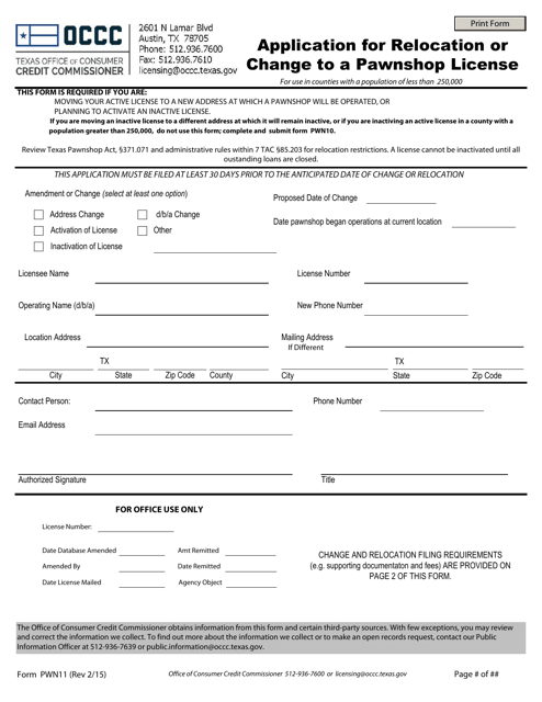 Form PWN11 Application for Relocation or Change to a Pawnshop License - Texas