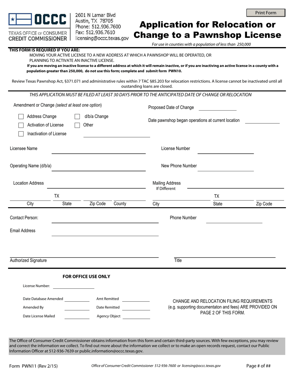 Form PWN11 Application for Relocation or Change to a Pawnshop License - Texas, Page 1