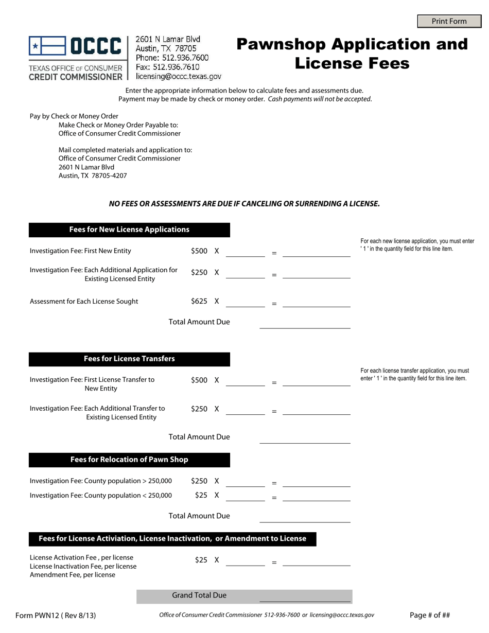 Form PWN12 Pawnshop Application and License Fees - Texas, Page 1