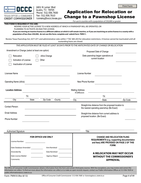 Form PWN10 Application for Relocation or Change to a Pawnshop License - Texas