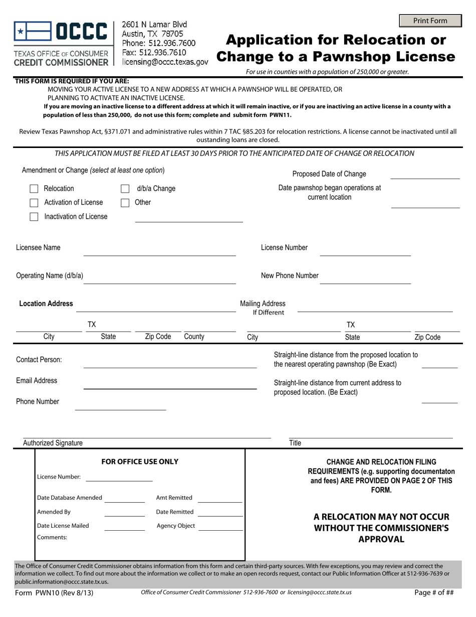 Form PWN10 Application for Relocation or Change to a Pawnshop License - Texas, Page 1