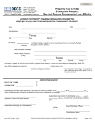 Form PTL10 &quot;Property Tax Lender Exemption Request - Second Degree Consanguinity or Affinity&quot; - Texas