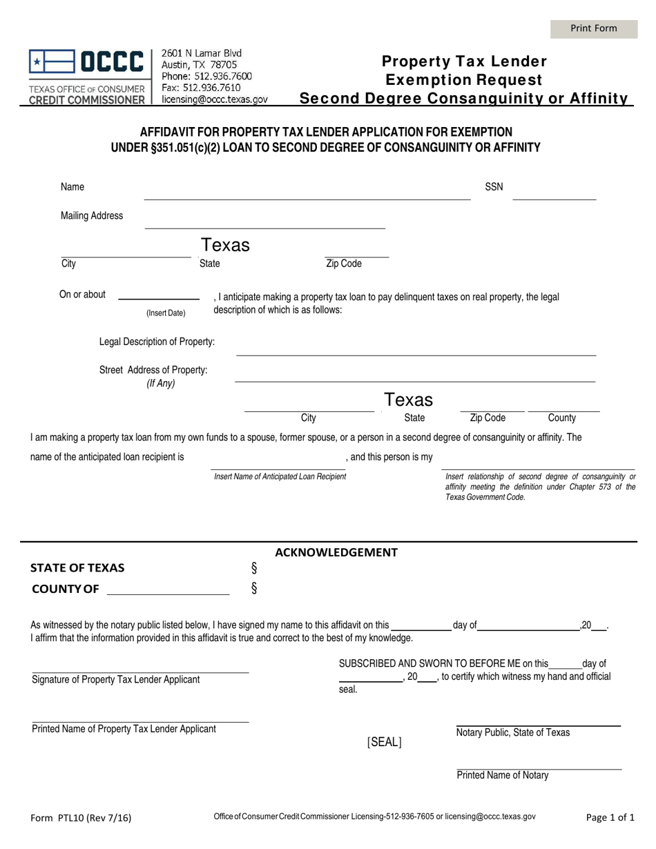 Form PTL10 Property Tax Lender Exemption Request - Second Degree Consanguinity or Affinity - Texas, Page 1