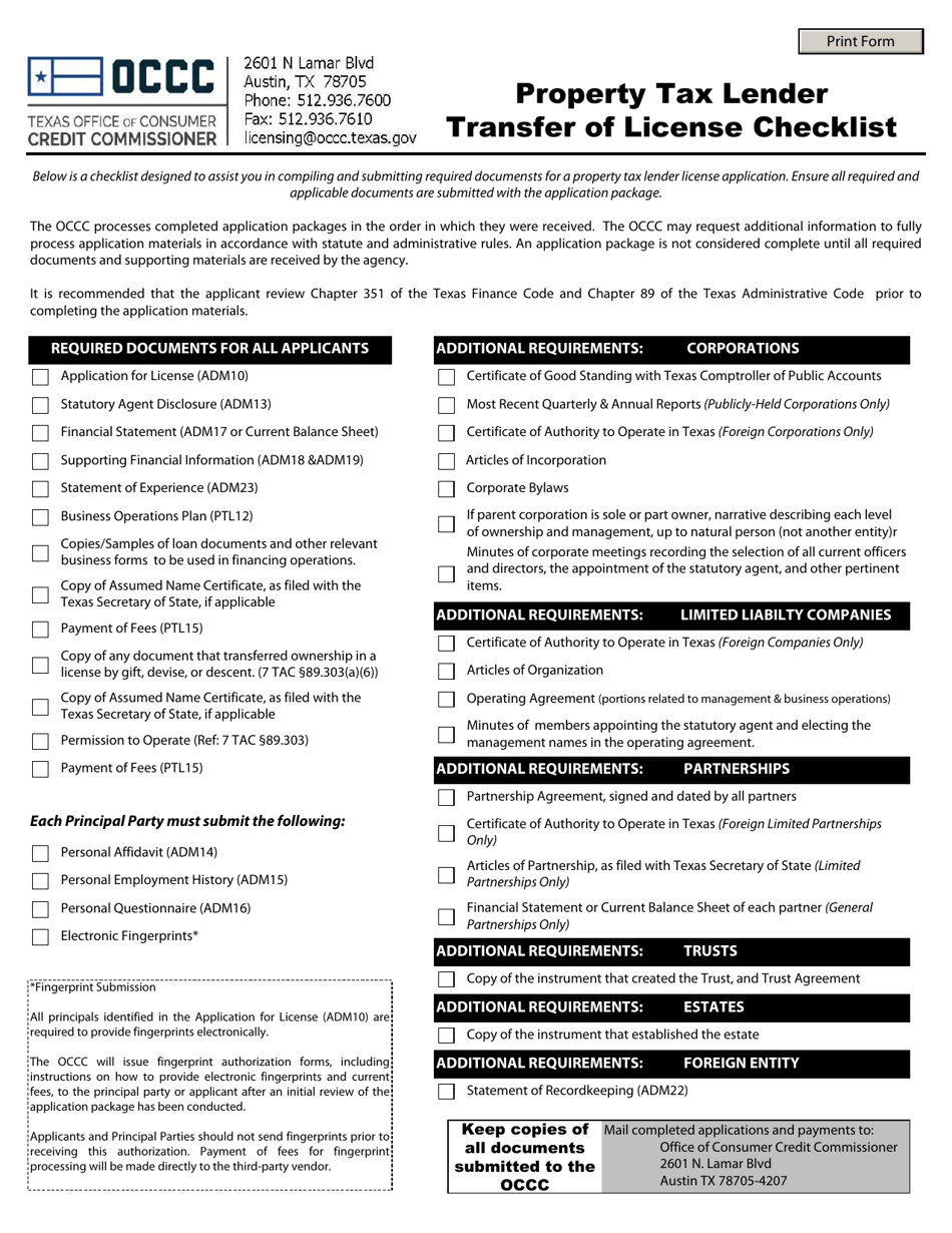 Property Tax Lender Transfer of License Checklist - Texas, Page 1
