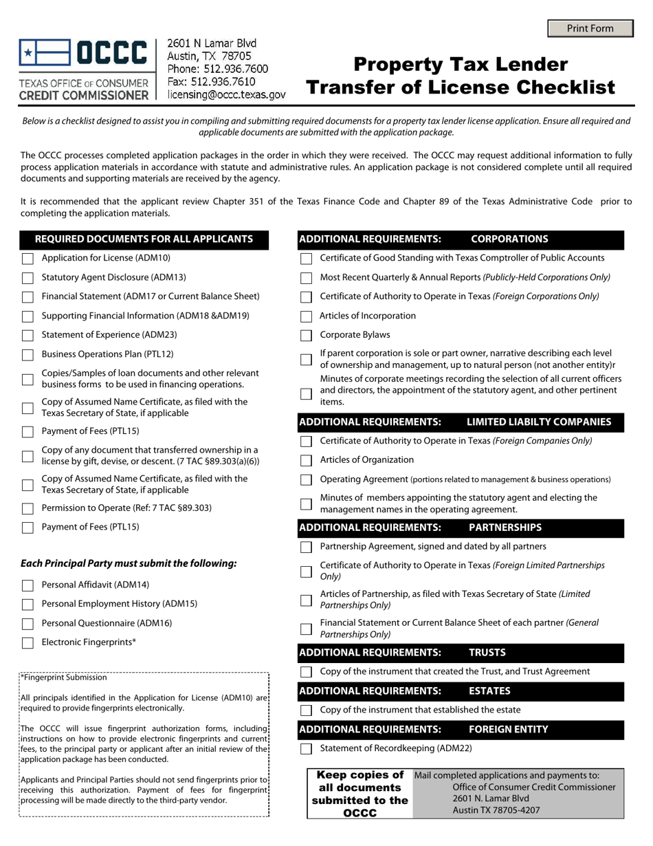 Texas Property Tax Lender Transfer of License Checklist Fill Out