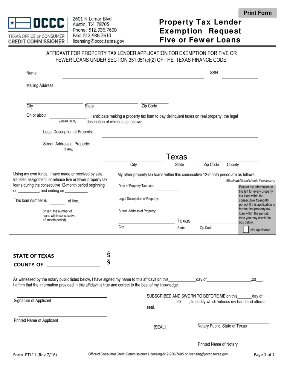 Form PTL11 Property Tax Lender Exemption Request - Five or Fewer Loans - Texas, Page 1