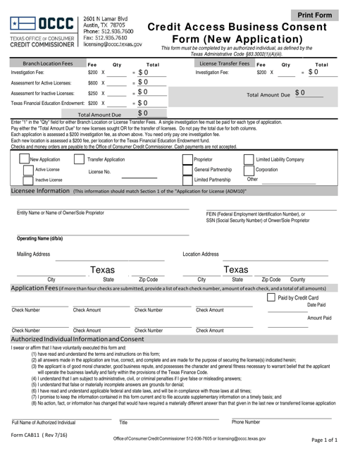 Form CAB11 Credit Access Business Consent Form (New Application) - Texas