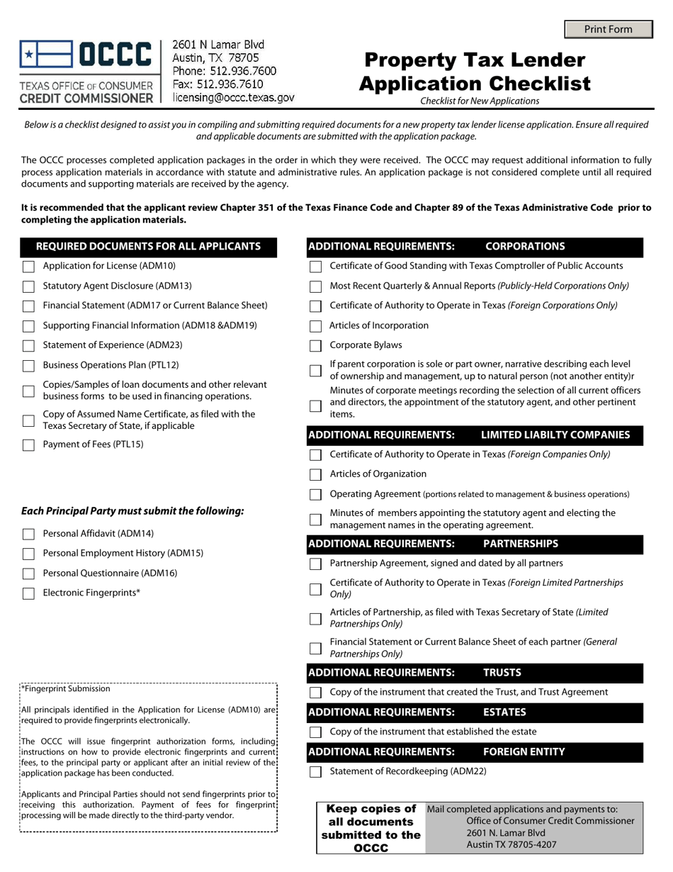 Property Tax Lender Application Checklist - Texas, Page 1