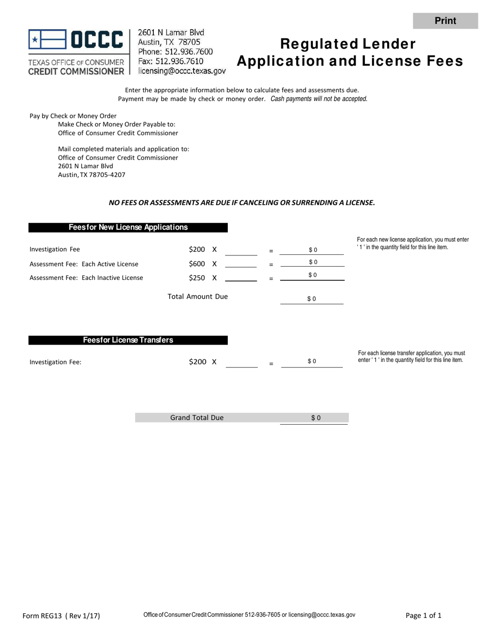 Form REG13 Regulated Lender Application and License Fees - Texas, Page 1