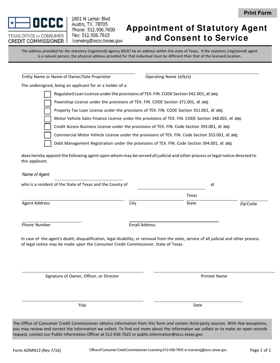 Form ADMN13 Appointment of Statutory Agent and Consent to Service - Texas, Page 1