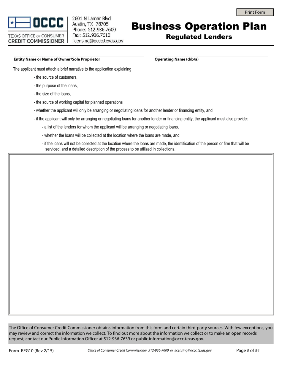 Form REG10 Business Operation Plan - Regulated Lenders - Texas, Page 1