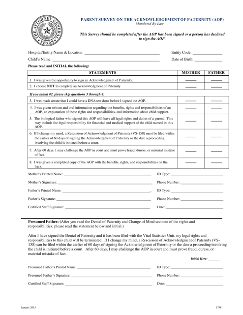 Form 1798 Parent Survey on the Acknowledgement of Paternity (Aop) - Texas