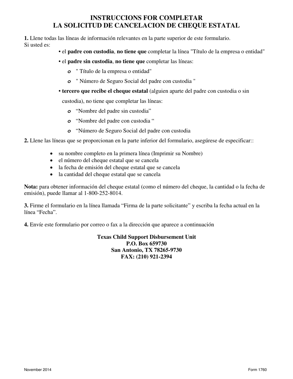 Formulario 1760 Solicitud De Cancelacion De Cheque Estatal - Texas (Spanish), Page 2