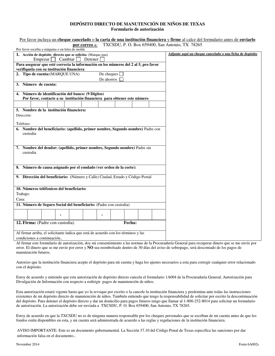 Formulario 6A002S Deposito Directo De Manutencion De Ninos De Texas Formulario De Autorizacion - Texas (Spanish), Page 2