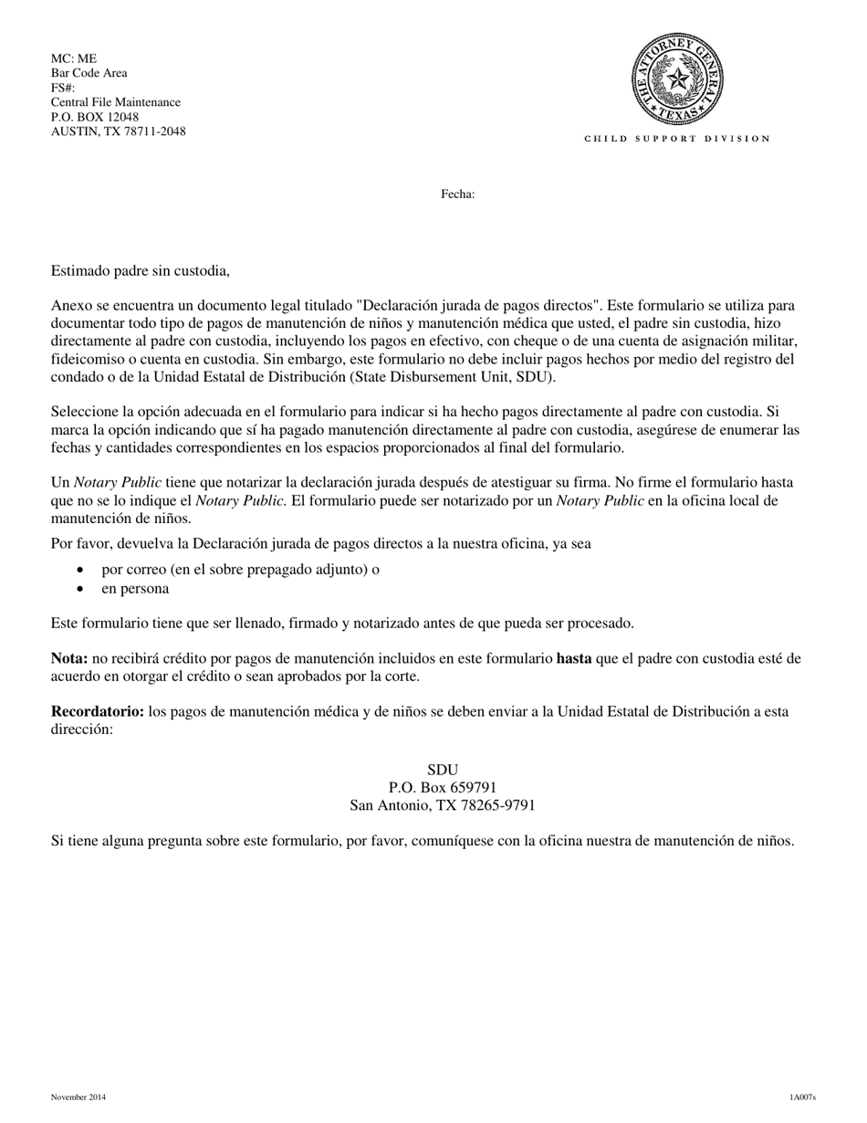 Formulario 1A007S Declaracion Jurada De Pagos Directos Del Padre Sin Custodia - Texas (Spanish), Page 1
