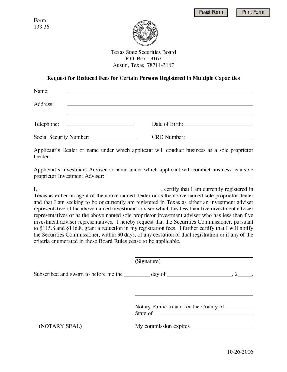 Form 133.36 Request for Reduced Fees for Certain Persons Registered in Multiple Capacities - Texas, Page 1