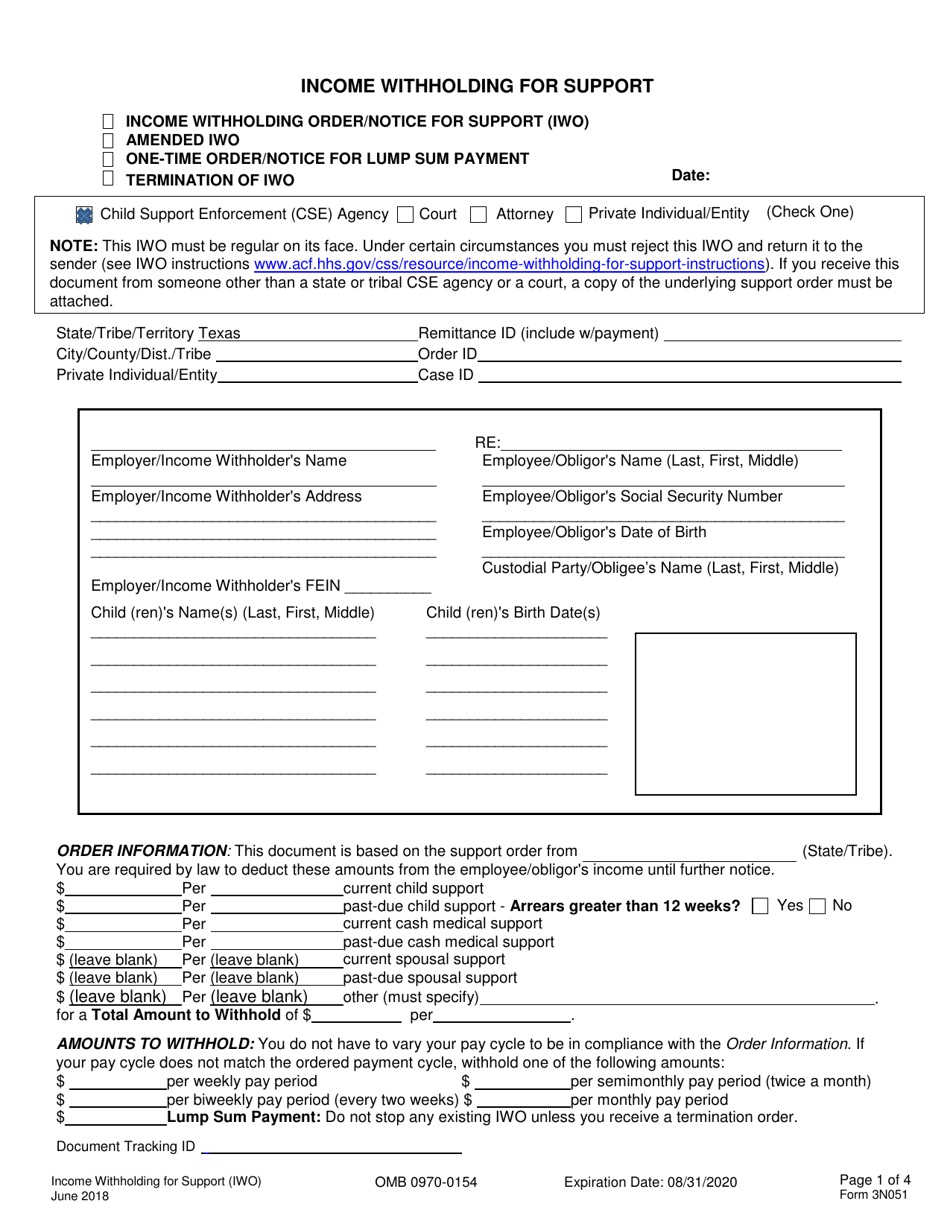 Form 3N051 Income Withholding for Support - Texas, Page 1