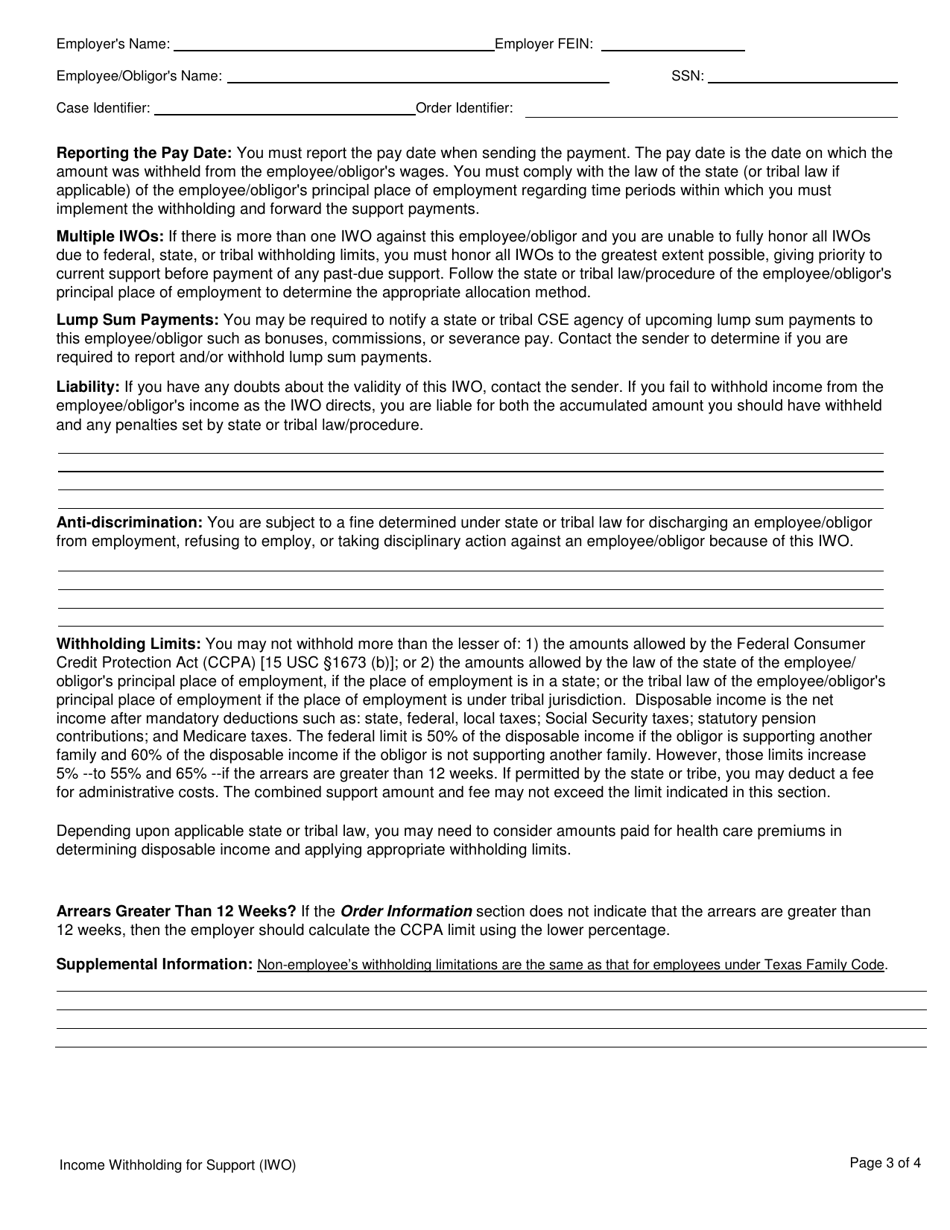 Form 3N051 Income Withholding for Support - Texas, Page 3