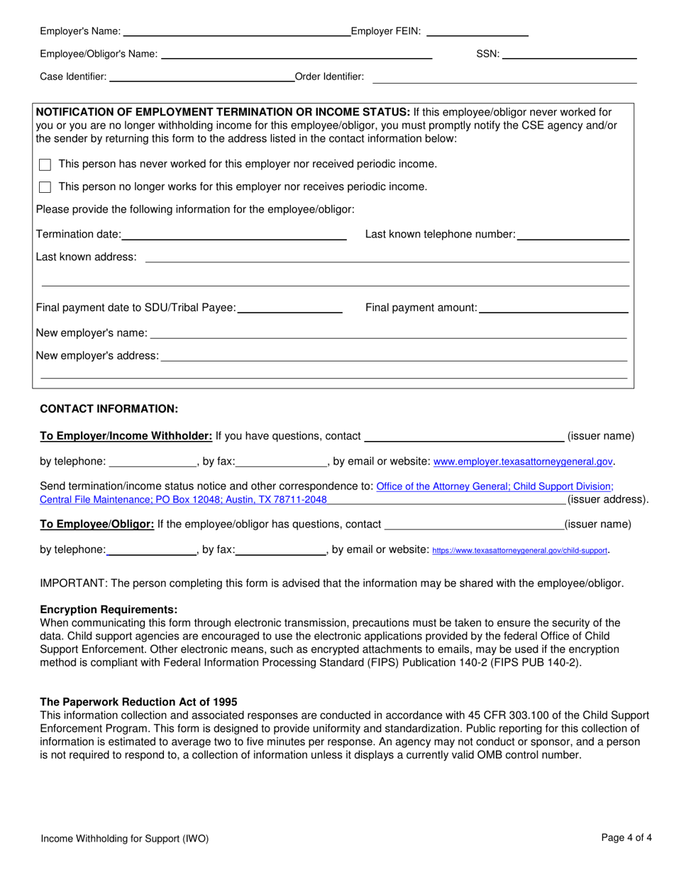 Form 3N051 Income Withholding for Support - Texas, Page 4