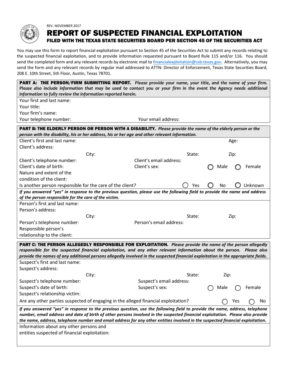 Report of Suspected Financial Exploitation - Texas, Page 1