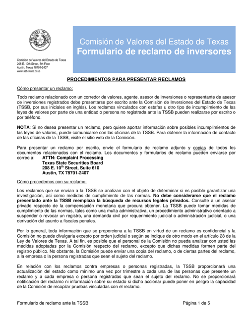 Formulario De Reclamo De Inversores - Texas (Spanish) Download Pdf
