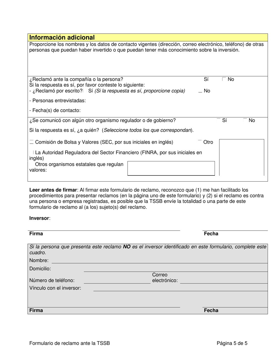 Formulario De Reclamo De Inversores - Texas (Spanish), Page 5