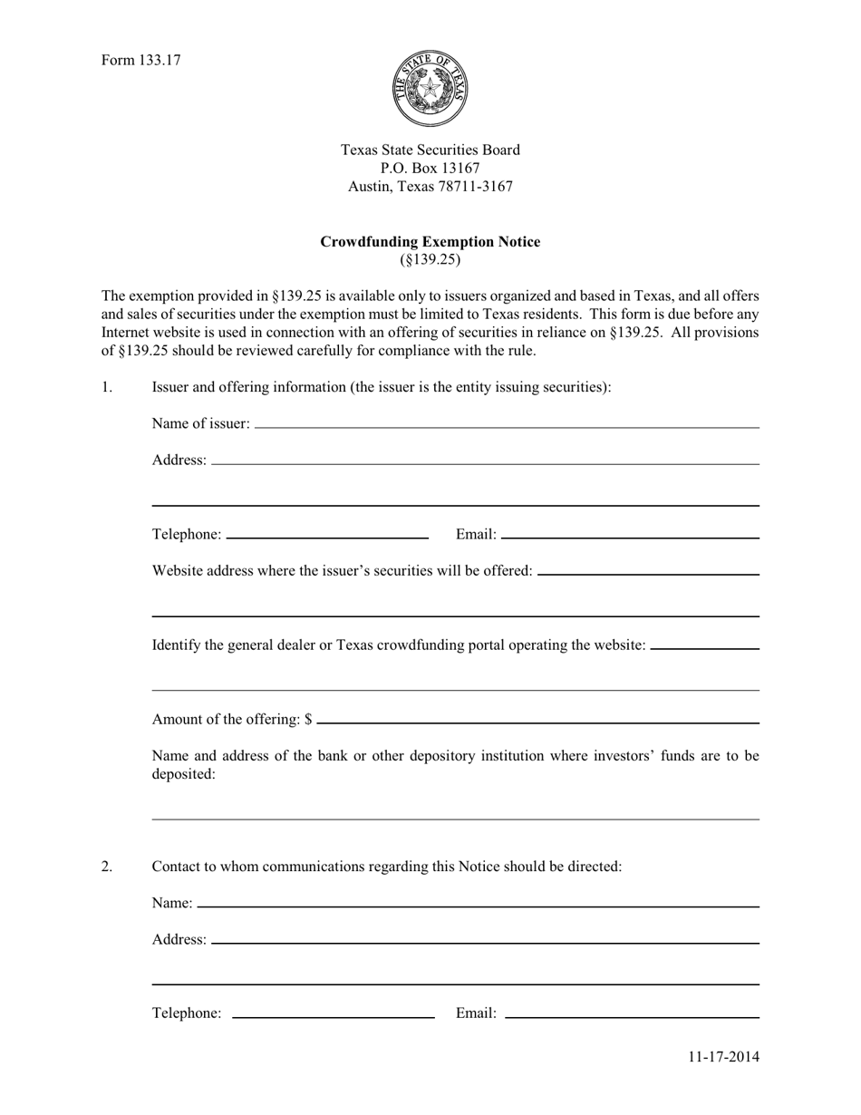 Form 133.17 Crowdfunding Exemption Notice - Texas, Page 1