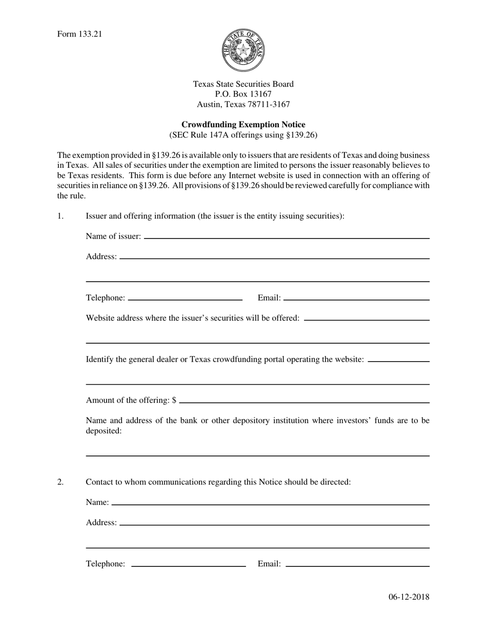 Form 133.21 Crowdfunding Exemption Notice - Texas, Page 1