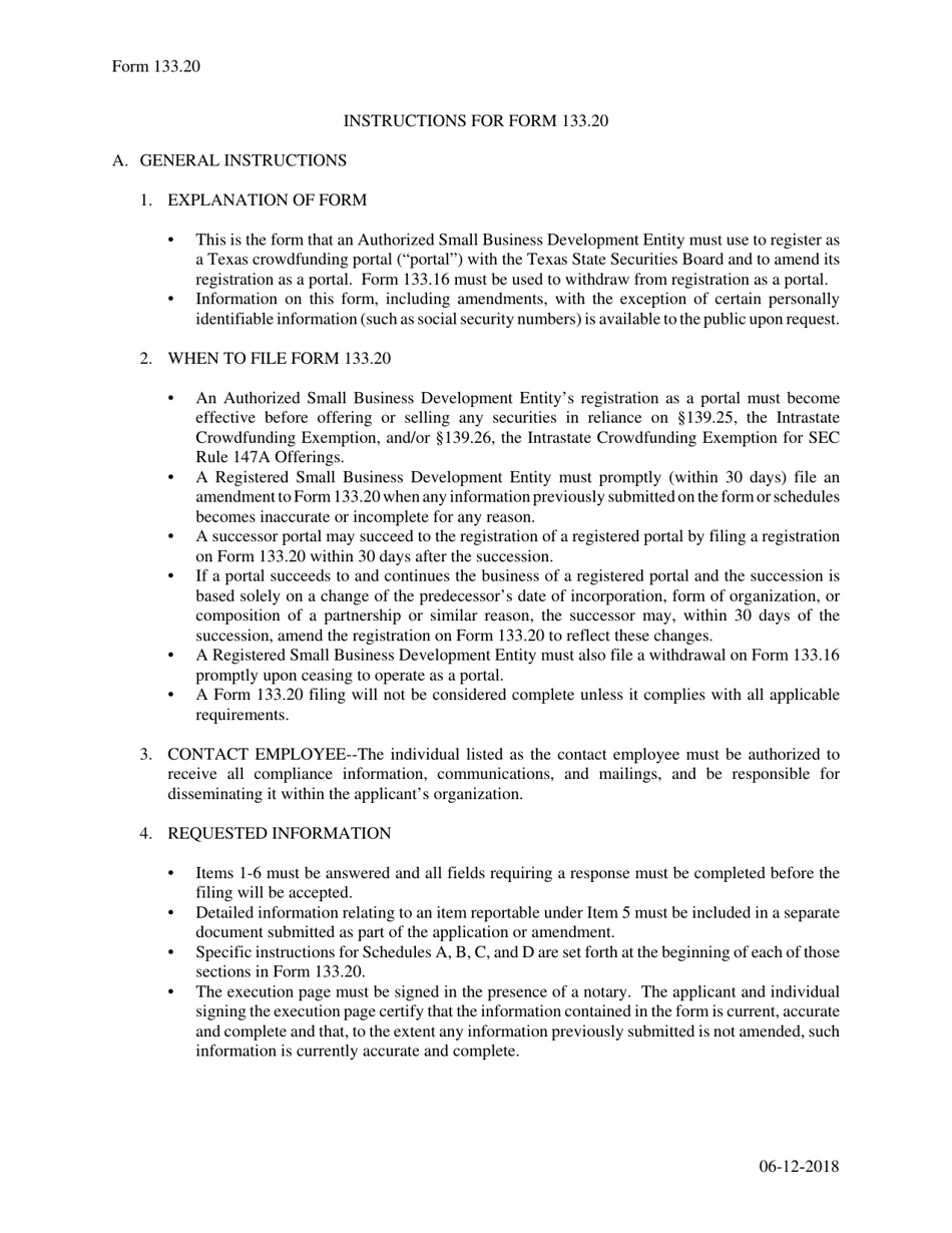Form 133.20 Texas Crowdfunding Portal Registration by an Authorized Small Business Development Entity - Texas, Page 12