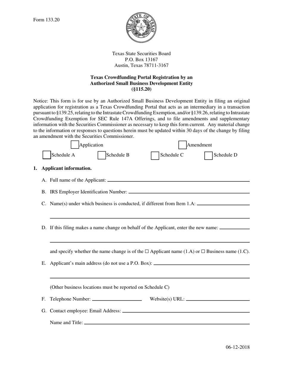 Form 133.20 Texas Crowdfunding Portal Registration by an Authorized Small Business Development Entity - Texas, Page 1