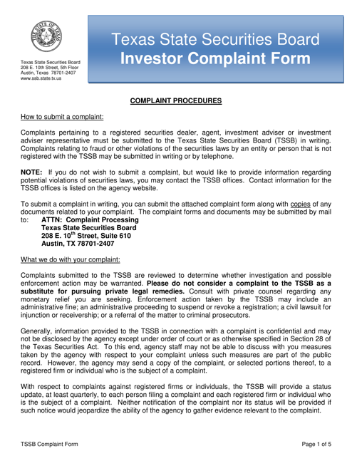 Investor Complaint Form - Texas Download Pdf